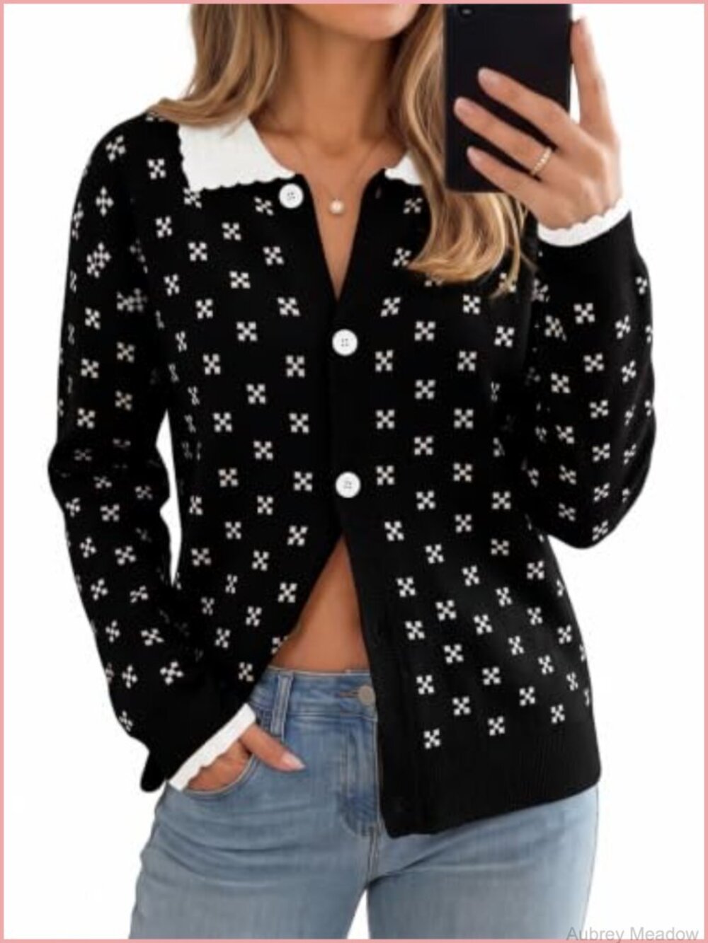 Womens Button Up Collared Knit Cardigan Geometric Ruffle Cuff Long Sleeve